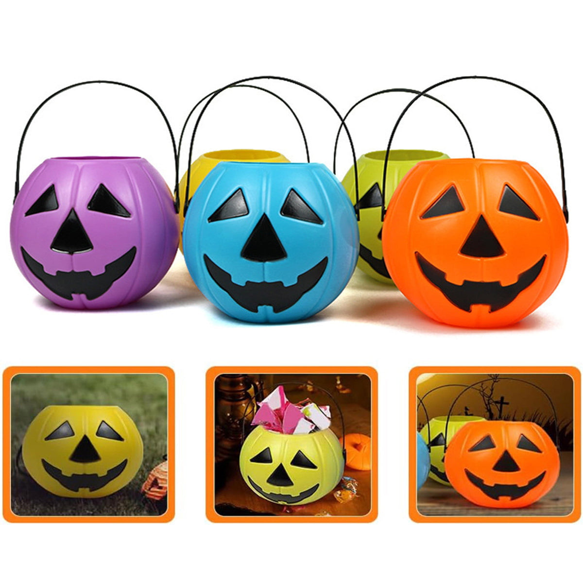 Kumdkd Halloween Pumpkin Bucket for Kids - Plastic Trick or Treat Candy Pail with Handle, Party Decor