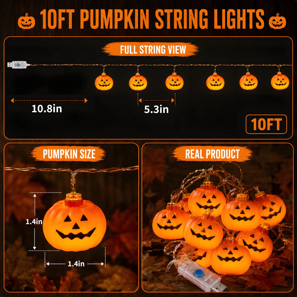 DAYBETTER Halloween Pumpkin String Lights, 10FT 3D Orange Pumpkin Twinkle Lights with 20LEDs, 8 Modes & USB Powered for Indoor, Outdoor, Halloween Decor