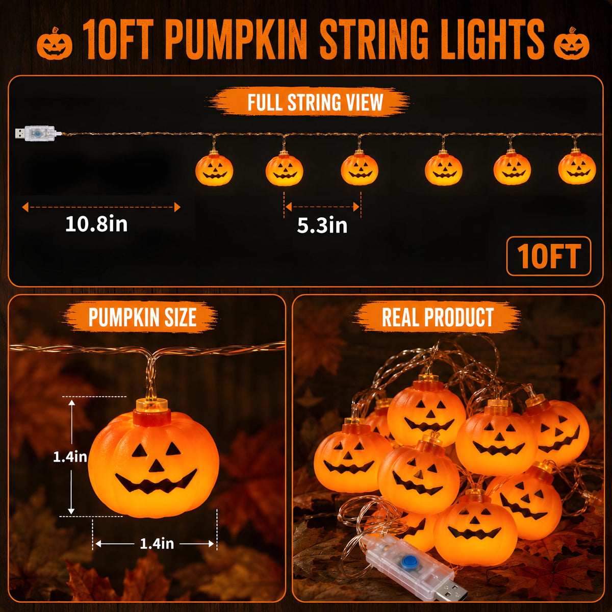 DAYBETTER Halloween Pumpkin String Lights, 10FT 3D Orange Pumpkin Twinkle Lights with 20LEDs, 8 Modes & USB Powered for Indoor, Outdoor, Halloween Decor