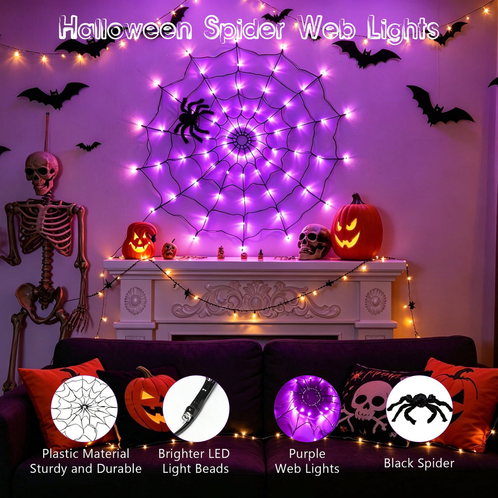 VOLIVO Halloween Spider Web Lights, 4FT Diameter 8 Modes Net Lights with Black Spider, Remote Control Waterproof for Indoor Outdoor (Purple)