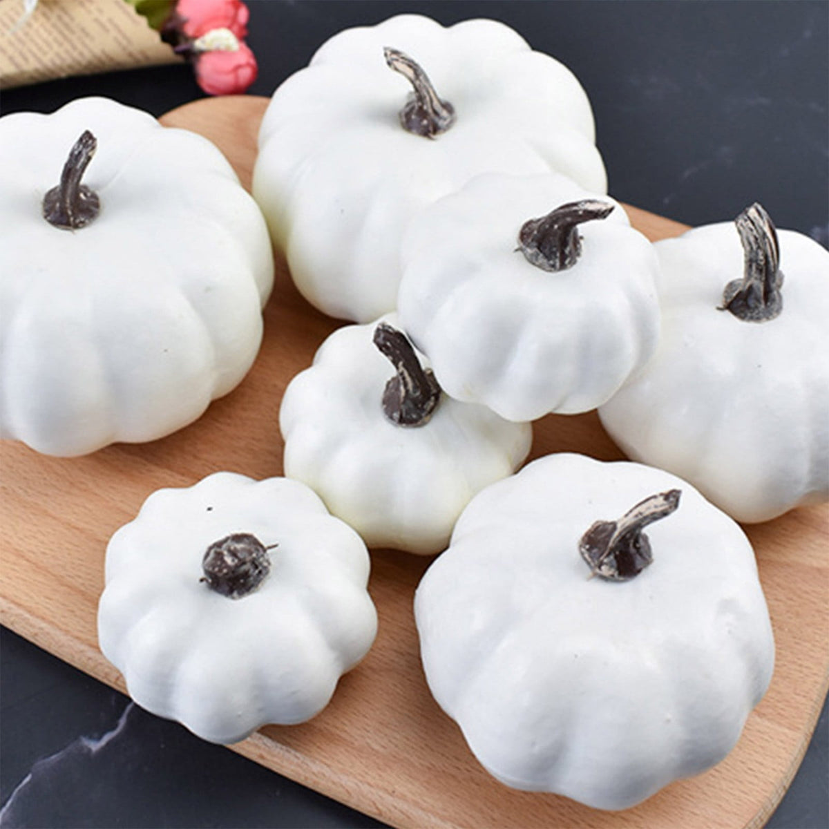 7Pcs Artificial Pumpkins Fall Decoration Assorted Faux Pumpkin Cute Foam Pumpkins for Home Outside Halloween Decorating (White)