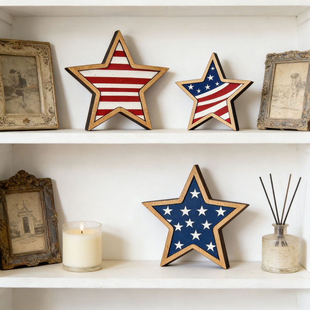 Japceit 3Pcs 4Th Of July Decorations Wooden Stars,Red White Blue Patriotic Decor, Independence Day Ornaments Set,For Home Office Table Shelf