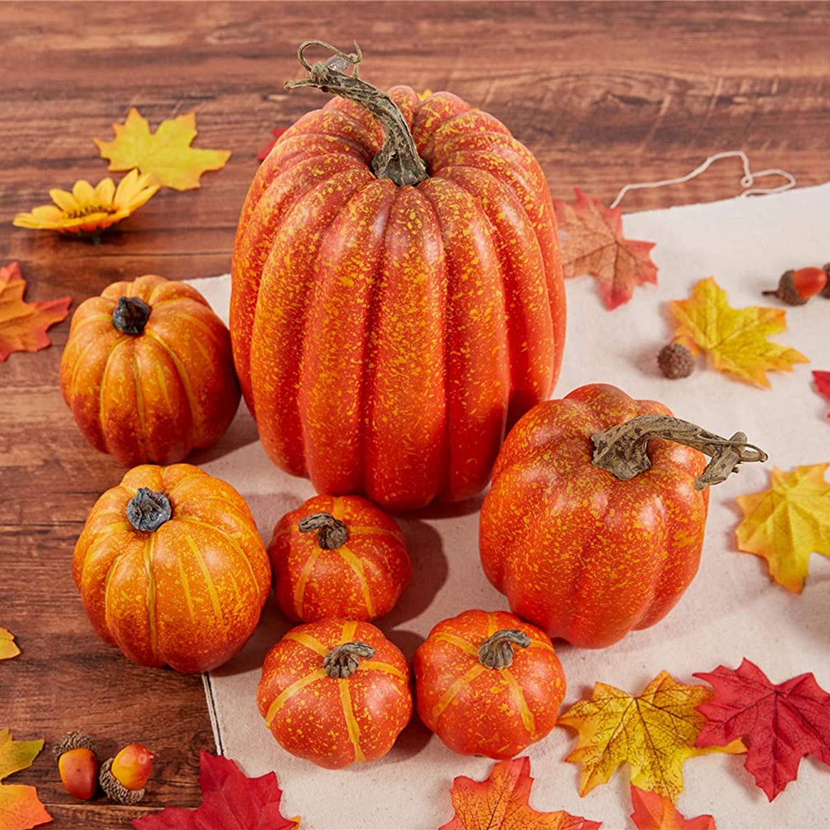7PCS Pumpkin Decor Set for Fall and Halloween, Artificial Foam Pumpkins in Orange for Indoor and Outdoor Decor for Thanksgiving Table Centerpieces, Wedding Decorations and DIY Crafts