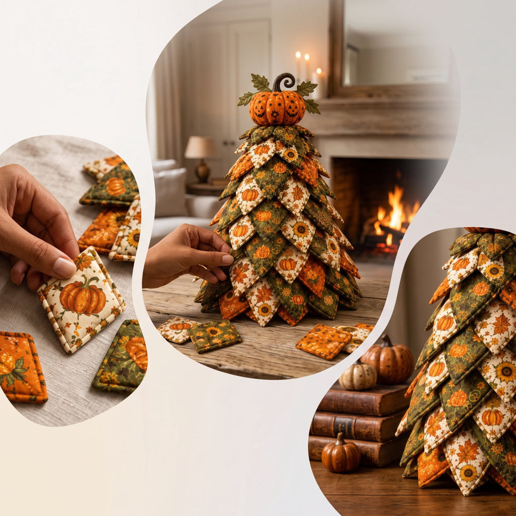 Halloween Fabric Trees - 11.8" DIY Halloween Quilted Fabric Tree Kit, Black Cat Pumpkin Witch Design, Sewing Patchwork Ghost Trees Holiday Table Mantel Decor, Handmade Gift for Craft Lovers