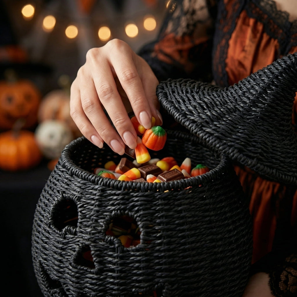Aximioll Halloween Black Woven Jack-O-Lantern Pumpkin Decor, Hand Woven Rattan Wicker Style Statue, Trick or Treat Candy Bowl Lantern for Porch Entryway Fireplace Mantel Table, Black, 11 Inches