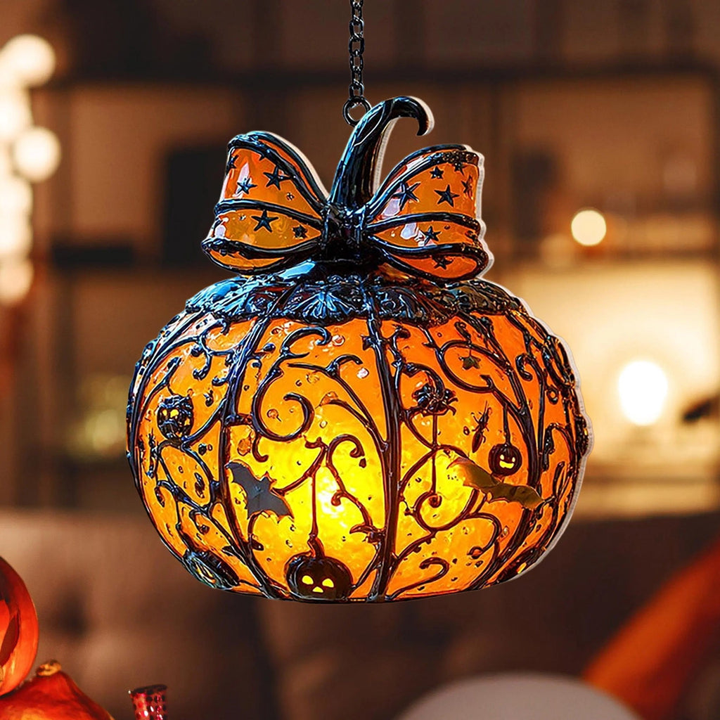 AZXY Stained Glass Hanging Pumpkin Ornament, Halloween Decor, Halloween Pumpkins, Halloween Decorations, Halloween Party Decor,Bat Star Pumpkin Hanging Decor for Indoor Window Tabletop