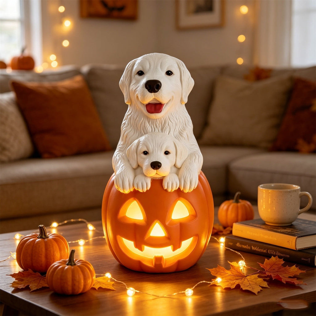 Fall Decorations for Home, 7.9in Lighted Halloween Scarecrow Dog Figurine, Resin Thanksgiving Halloween Garden Dogs Figurines for Autumn Harvest Porch Yard Garden Decor