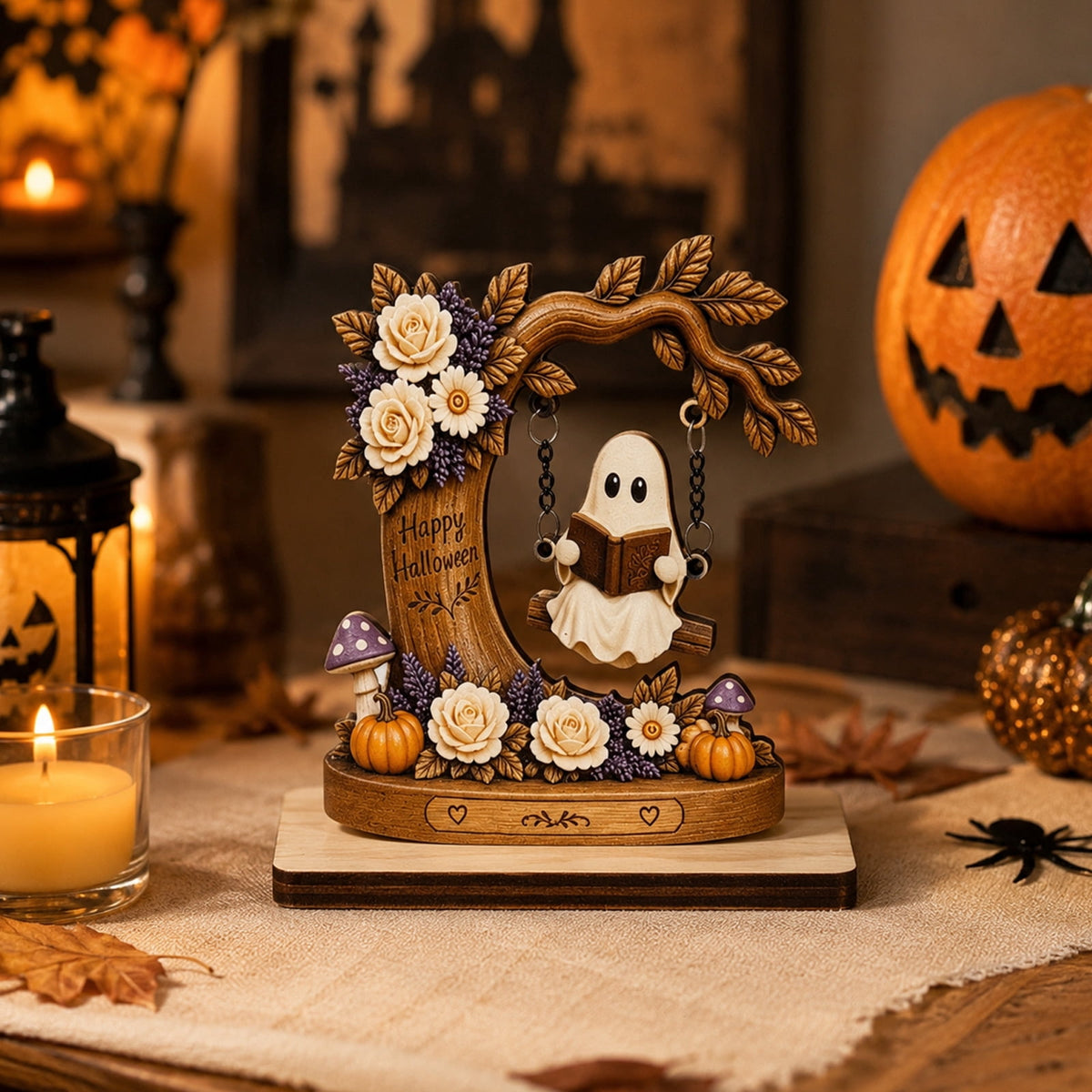 Halloween 2D Wooden Decoration, Ghost Pumpkin Cafe Tabletop Decor with Spooky Tavern Scene Design, Halloween Home Decor for Shelf Mantel Desk Display, Fall Decor and Seasonal Home Decorations