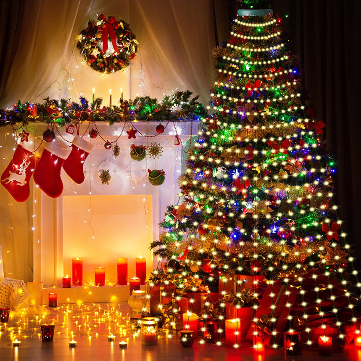 AYktou Christmas Tree Lights 6.56ft 16 Lines LED Waterfall Lights Waterproof Xmas Tree Topper Lights with Remote and USB Powered Christmas Lights for Halloween Xmas Year Holiday,Colorful