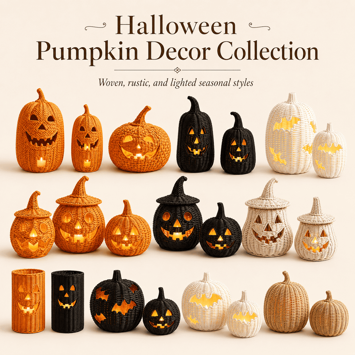 Aximioll Halloween Black Woven Jack-O-Lantern Pumpkin Decor, Hand Woven Rattan Wicker Style Statue, Trick or Treat Candy Bowl Lantern for Porch Entryway Fireplace Mantel Table, Black, 11 Inches