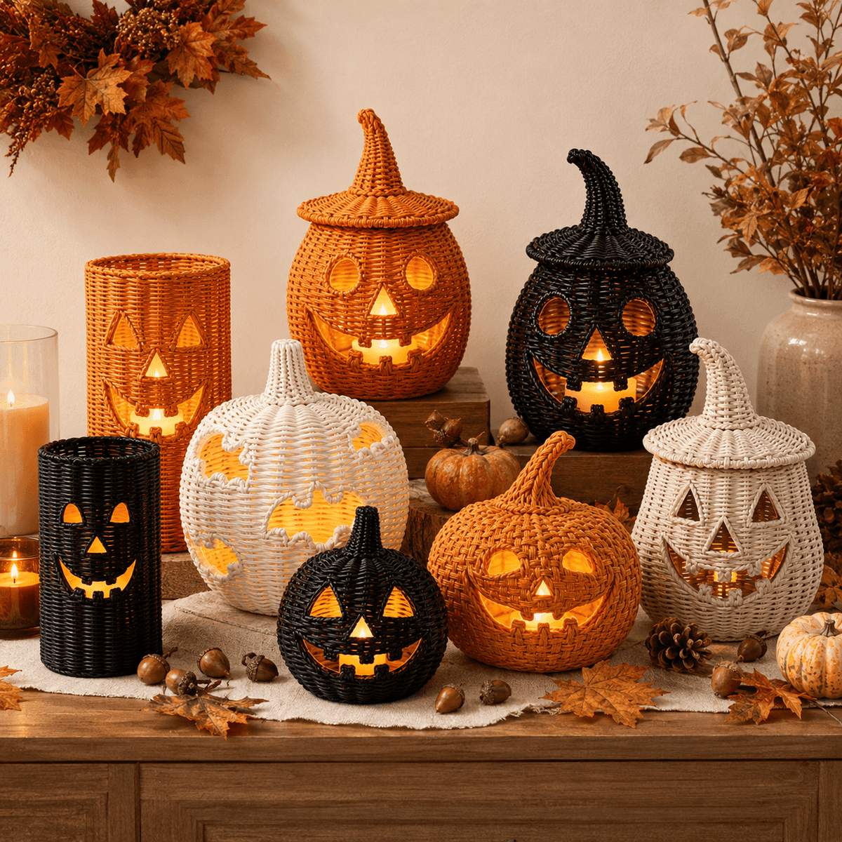 Aximioll Halloween Black Woven Jack-O-Lantern Pumpkin Decor, Hand Woven Rattan Wicker Style Statue, Trick or Treat Candy Bowl Lantern for Porch Entryway Fireplace Mantel Table, Black, 11 Inches