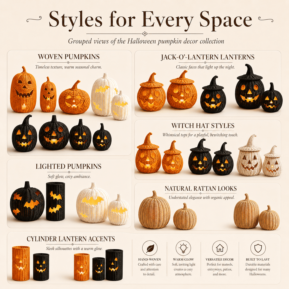 Aximioll Halloween Black Woven Jack-O-Lantern Pumpkin Decor, Hand Woven Rattan Wicker Style Statue, Trick or Treat Candy Bowl Lantern for Porch Entryway Fireplace Mantel Table, Black, 11 Inches