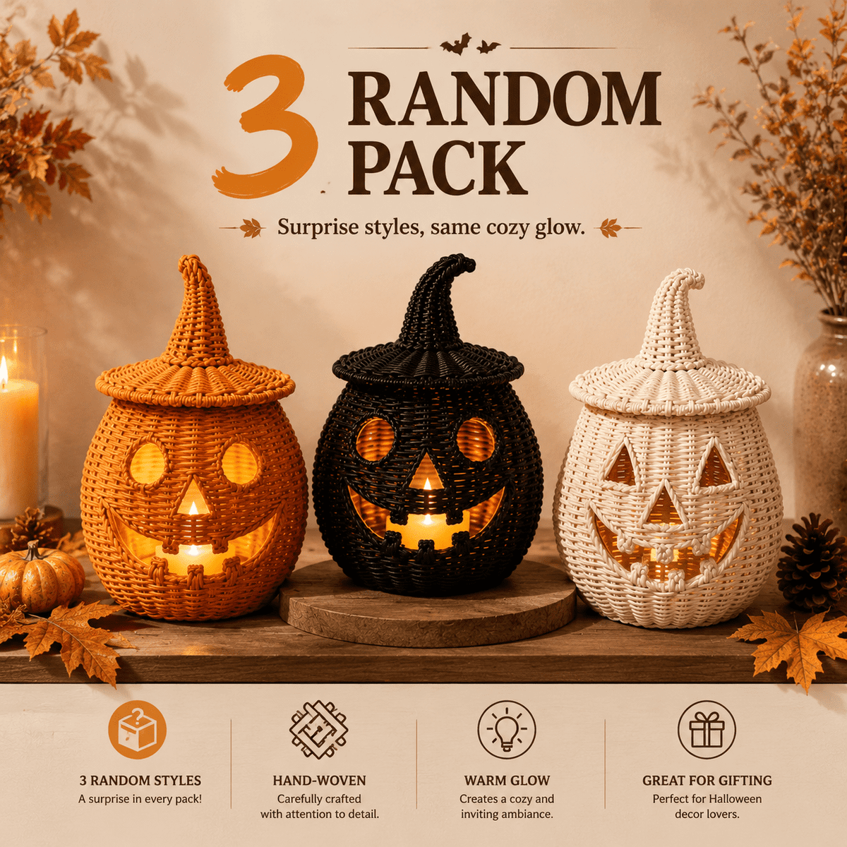 Aximioll Halloween Black Woven Jack-O-Lantern Pumpkin Decor, Hand Woven Rattan Wicker Style Statue, Trick or Treat Candy Bowl Lantern for Porch Entryway Fireplace Mantel Table, Black, 11 Inches
