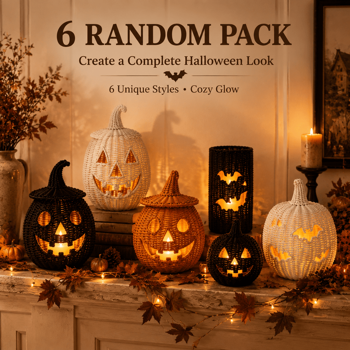 Aximioll Halloween Black Woven Jack-O-Lantern Pumpkin Decor, Hand Woven Rattan Wicker Style Statue, Trick or Treat Candy Bowl Lantern for Porch Entryway Fireplace Mantel Table, Black, 11 Inches