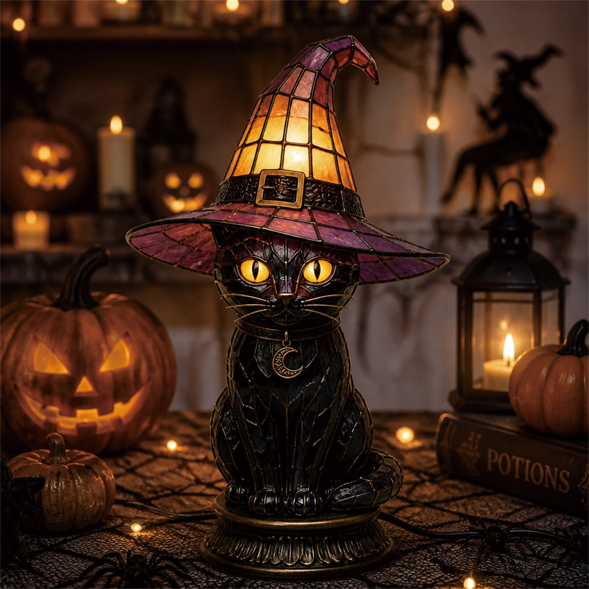 Black Cat Witch Hat Lamp Halloween Decor, Retro Resin Witch Hat Cat Lamp, Halloween pumpkin decoration Night Light, for Bedroom & Bookshelf family gatherings decoration gifts(Resin)