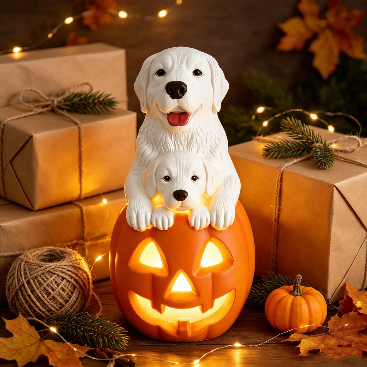 Fall Decorations for Home, 7.9in Lighted Halloween Scarecrow Dog Figurine, Resin Thanksgiving Halloween Garden Dogs Figurines for Autumn Harvest Porch Yard Garden Decor