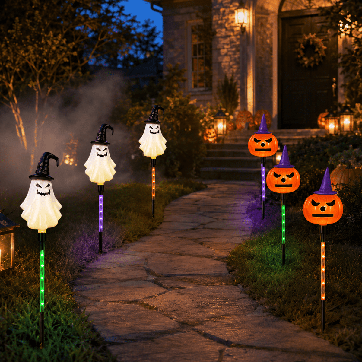 DAKIMOE Solar Halloween Path Lights, Lantern Stake Outdoor String Lights, 6-Pack