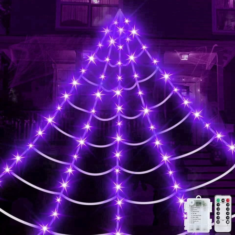 DAYBETTER Halloween Spider Web Lights, 5FT Giant Spider, 250 LED Holiday Lights, Remote Control Waterproof for Indoor Outdoor Yard Party Halloween Decorations (Purple & Orange)