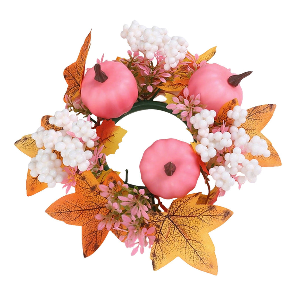 Fall Candle Ring,Artificial Maple Leaves Pumpkins Decorative Wreaths,Berry Wreath for Pillar Candle Holder,Candle Ring for Halloween Centerpieces and Farmhouse Table Decor,7.48 inch(Pink)
