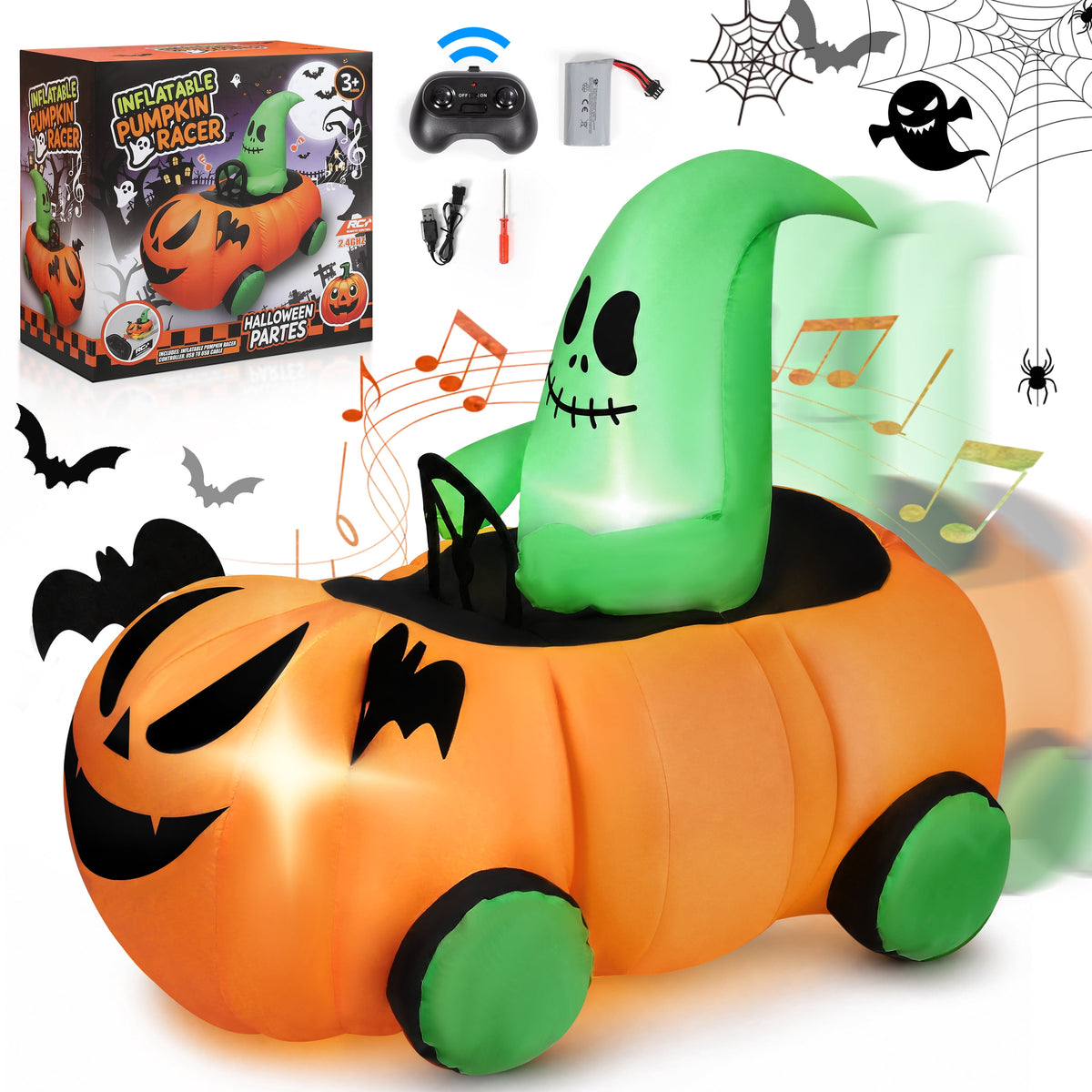 Firstness 2.4GHz Remote Control Car Halloween Inflatable Pumpkin Spider Blow ups Rc Car 360° Rotation, 3 Music and LED Lights,Aged 3+