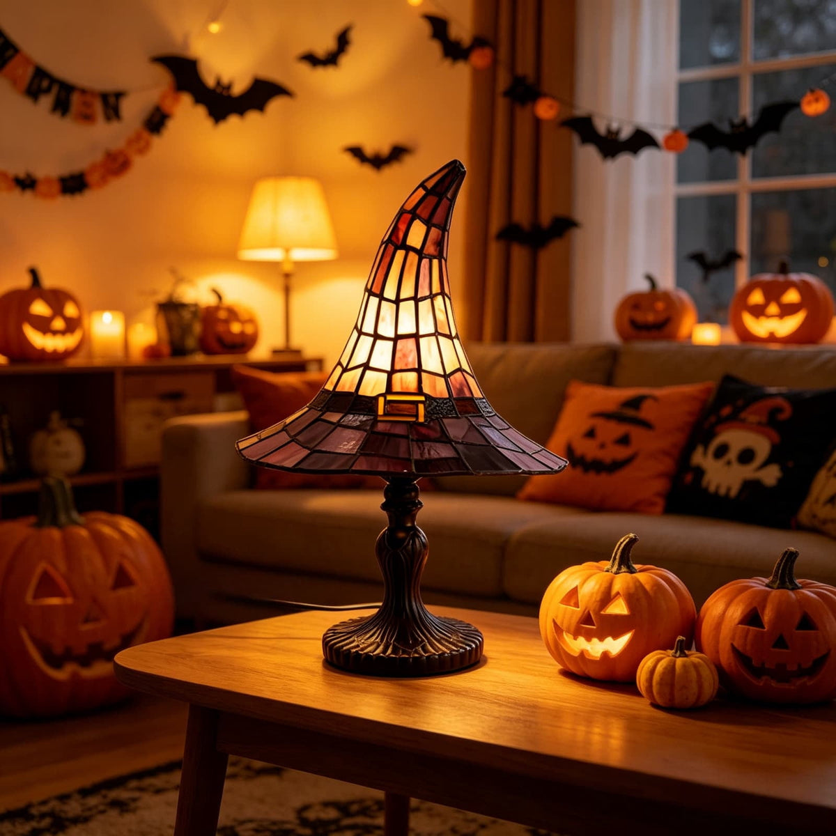 Fuebueo Halloween Witch Hat Lamp 11.81 Inch, Stained Glass Tiffany Style Table Lamp for Bedroom Nightstand, Gothic Witchy Halloween Decorations for Home Living Room
