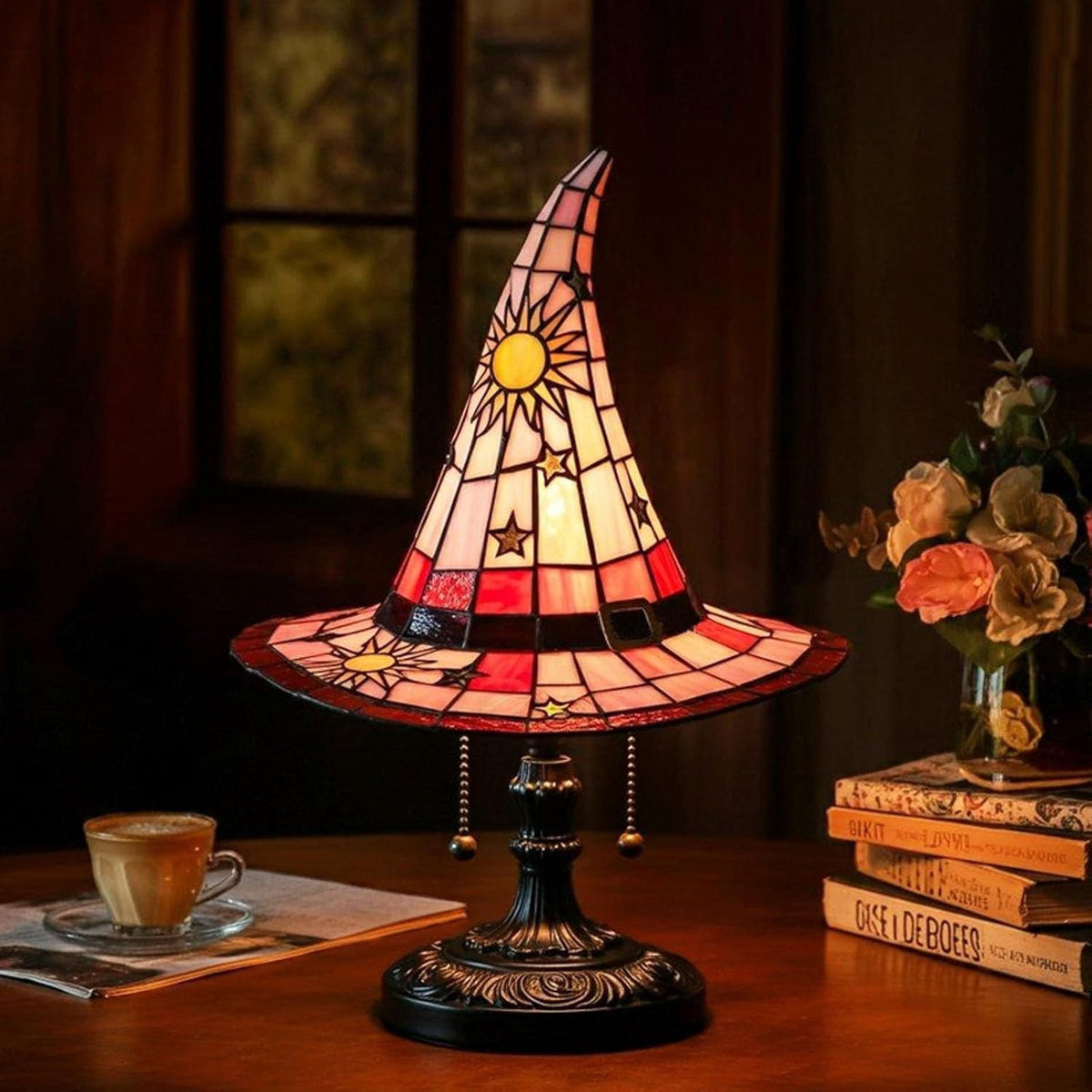 Guodhu Witch Hat Table Lamp Halloween Glowing Resin Ornament Mini Night Light for Bedroom Shelf Spooky Decor with LED(Multicolor)