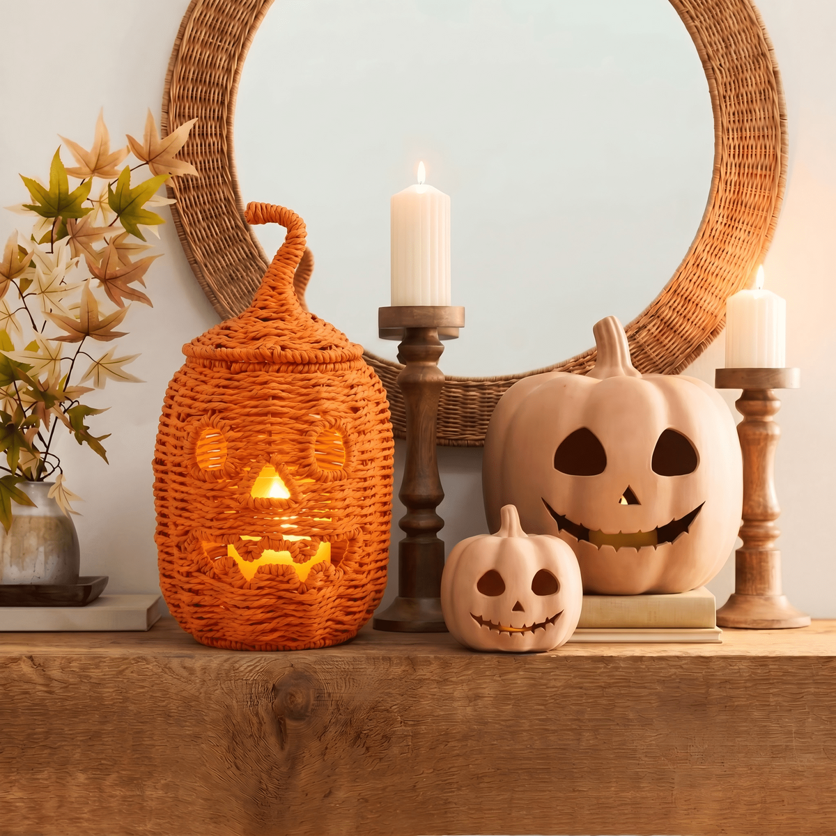 Guvpev 12" Handcrafted Woven Ghost - White Faux Rattan & Metal Ghost Figurine, Halloween Spooky Table Centerpiece & Fall Porch Decor for Indoor Outdoor