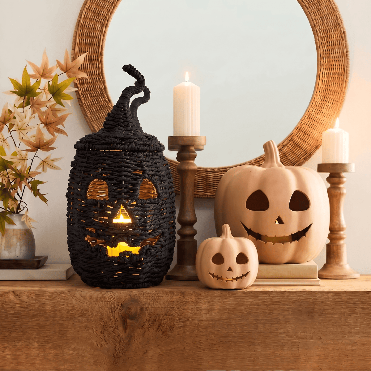 Guvpev 12" Handcrafted Woven Ghost - White Faux Rattan & Metal Ghost Figurine, Halloween Spooky Table Centerpiece & Fall Porch Decor for Indoor Outdoor