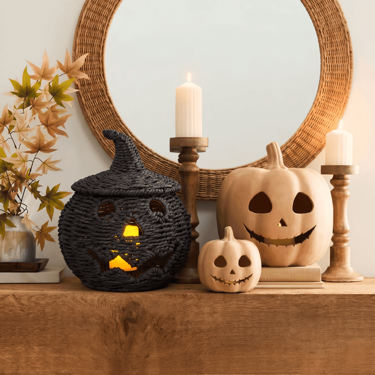 Guvpev 12" Handcrafted Woven Ghost - White Faux Rattan & Metal Ghost Figurine, Halloween Spooky Table Centerpiece & Fall Porch Decor for Indoor Outdoor