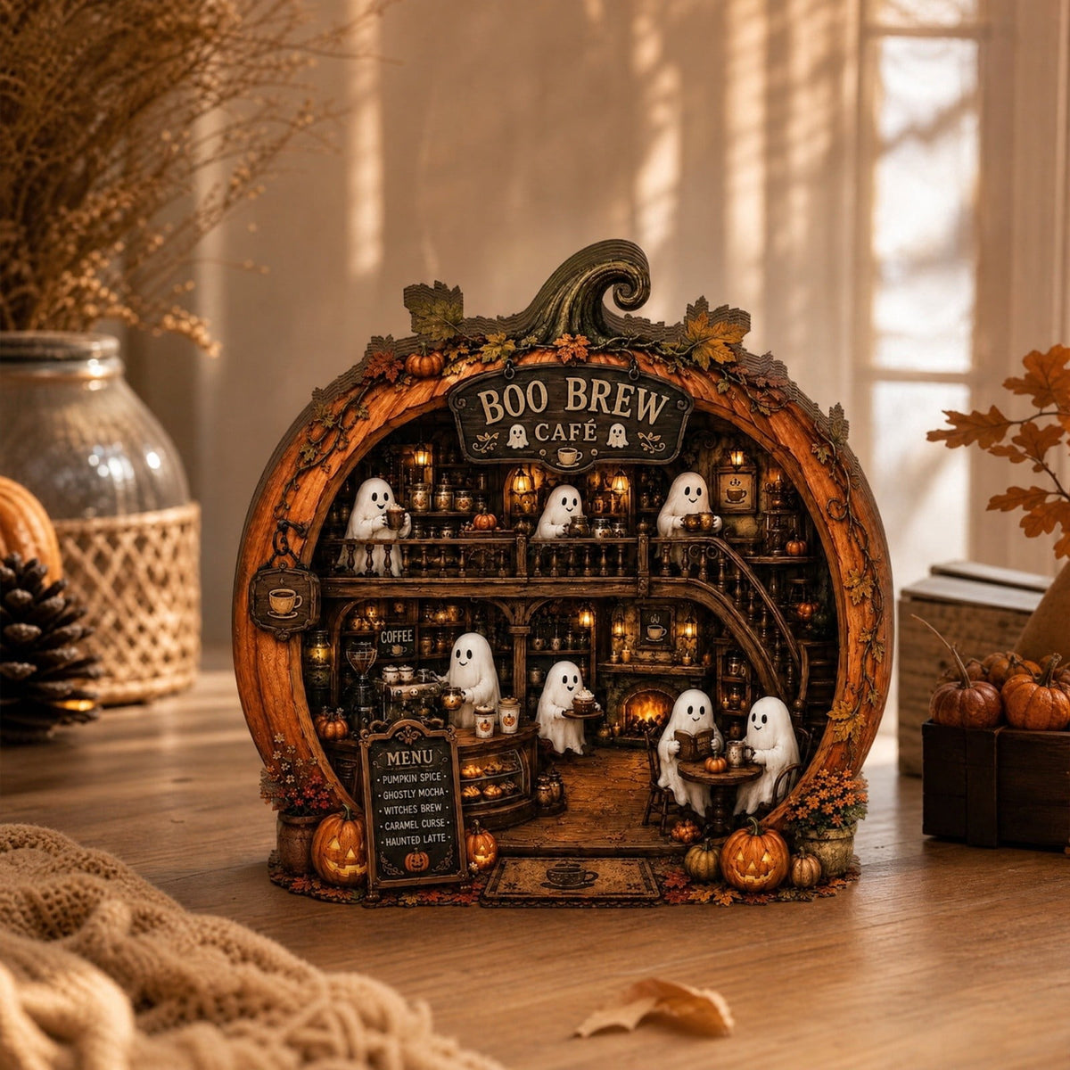 Halloween 2D Wooden Decoration, Ghost Pumpkin Cafe Tabletop Decor with Spooky Tavern Scene Design, Halloween Home Decor for Shelf Mantel Desk Display, Fall Decor and Seasonal Home Decorations