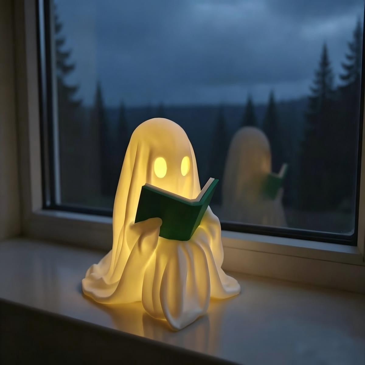 Halloween Ghost Figurine, Resin Lighted Ghost Ornament with Pumpkin Lantern & Beverage Cup, Tabletop Halloween Indoor Decor