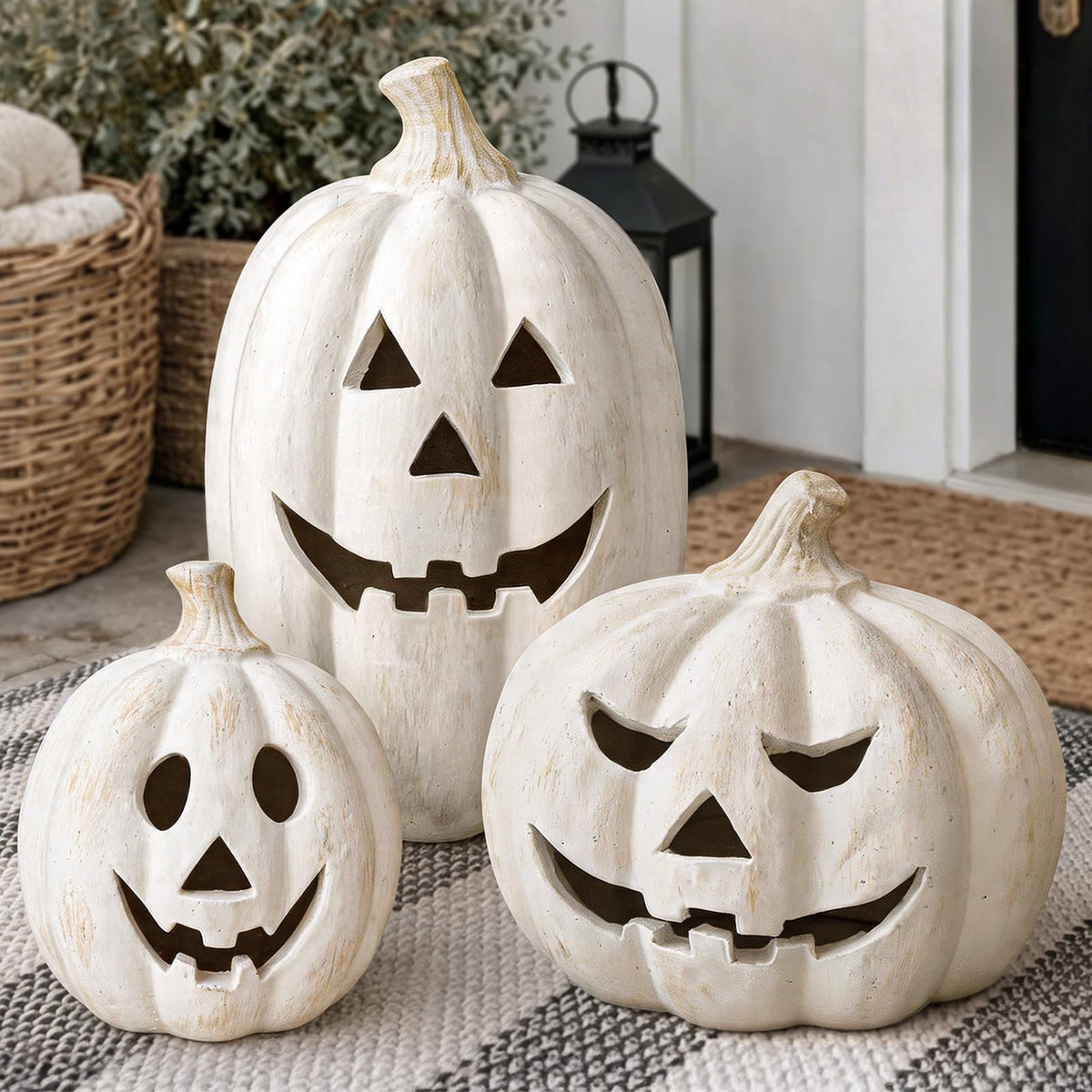 Halloween Decoration White Tall Jack O Lantern, Hollow Smiling Pumpkin Tabletop Accent for Mantel, Porch and Party Display, 9.84 in