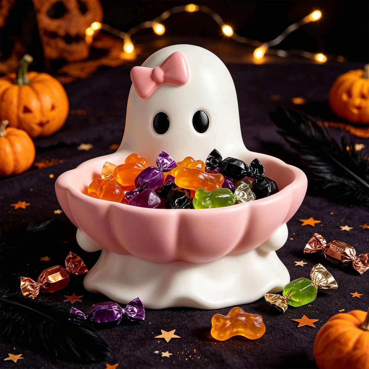 Halloween Decoration Ghost Figurine 11in Resin Ghost Statues with Pumpkin Candy Bowl for Outdoor Indoor Front Door, Porch Yard Lawn Party Decor