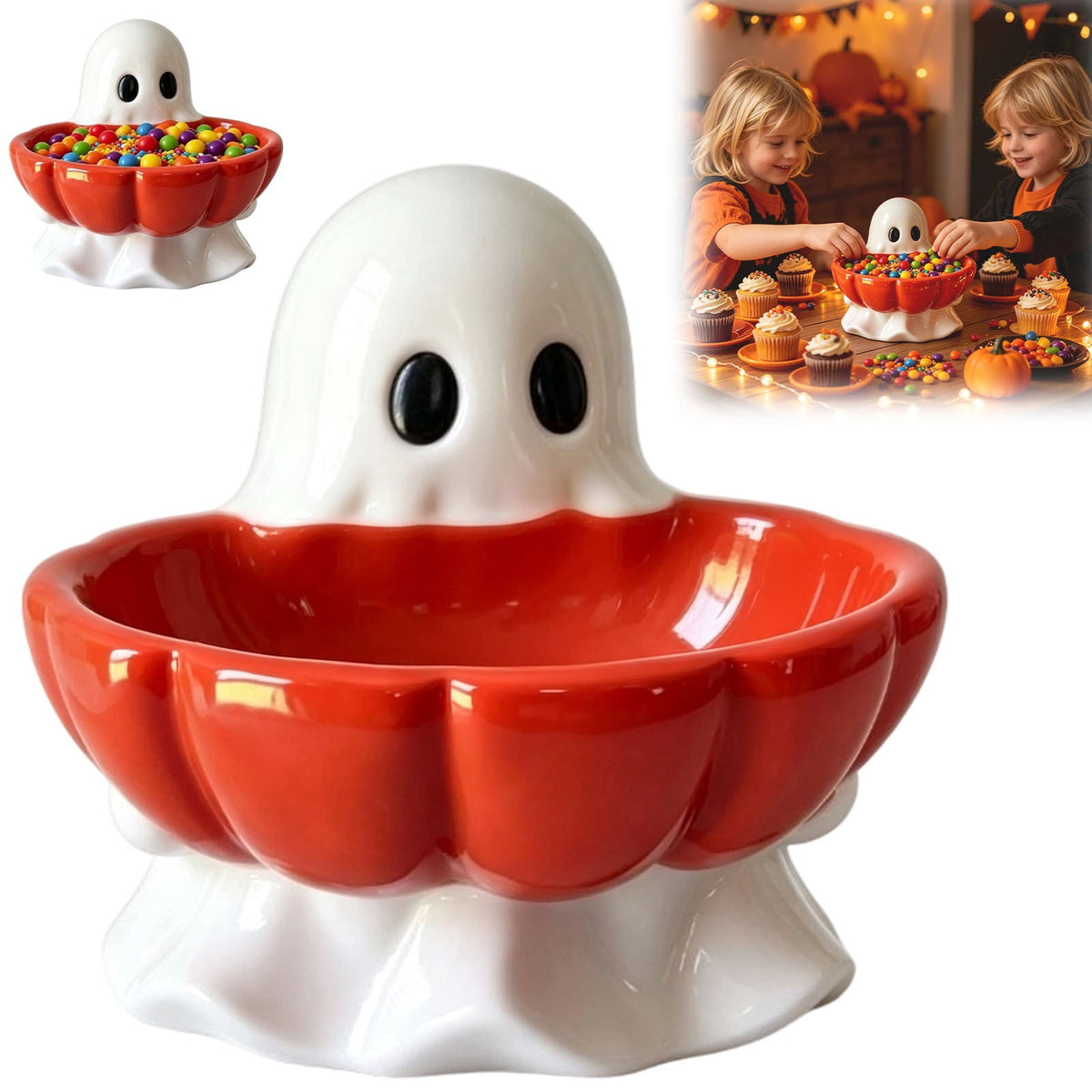 Halloween Decoration Ghost Figurine 11in Resin Ghost Statues with Pumpkin Candy Bowl for Outdoor Indoor Front Door, Porch Yard Lawn Party Decor