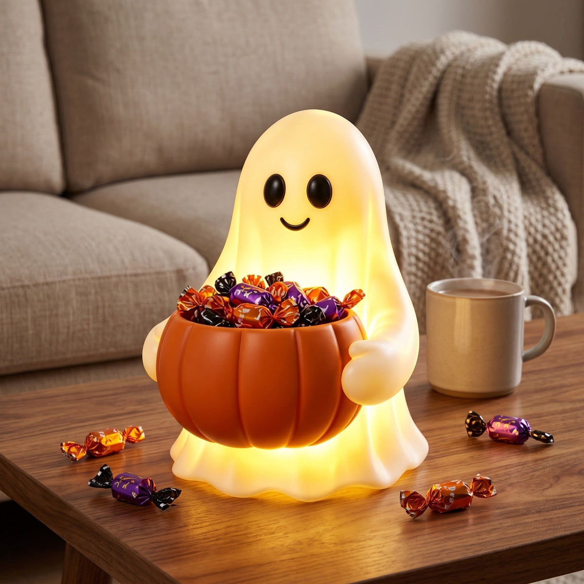 Halloween Decoration Ghost Figurine 11in Resin Ghost Statues with Pumpkin Candy Bowl for Outdoor Indoor Front Door, Porch Yard Lawn Party Decor