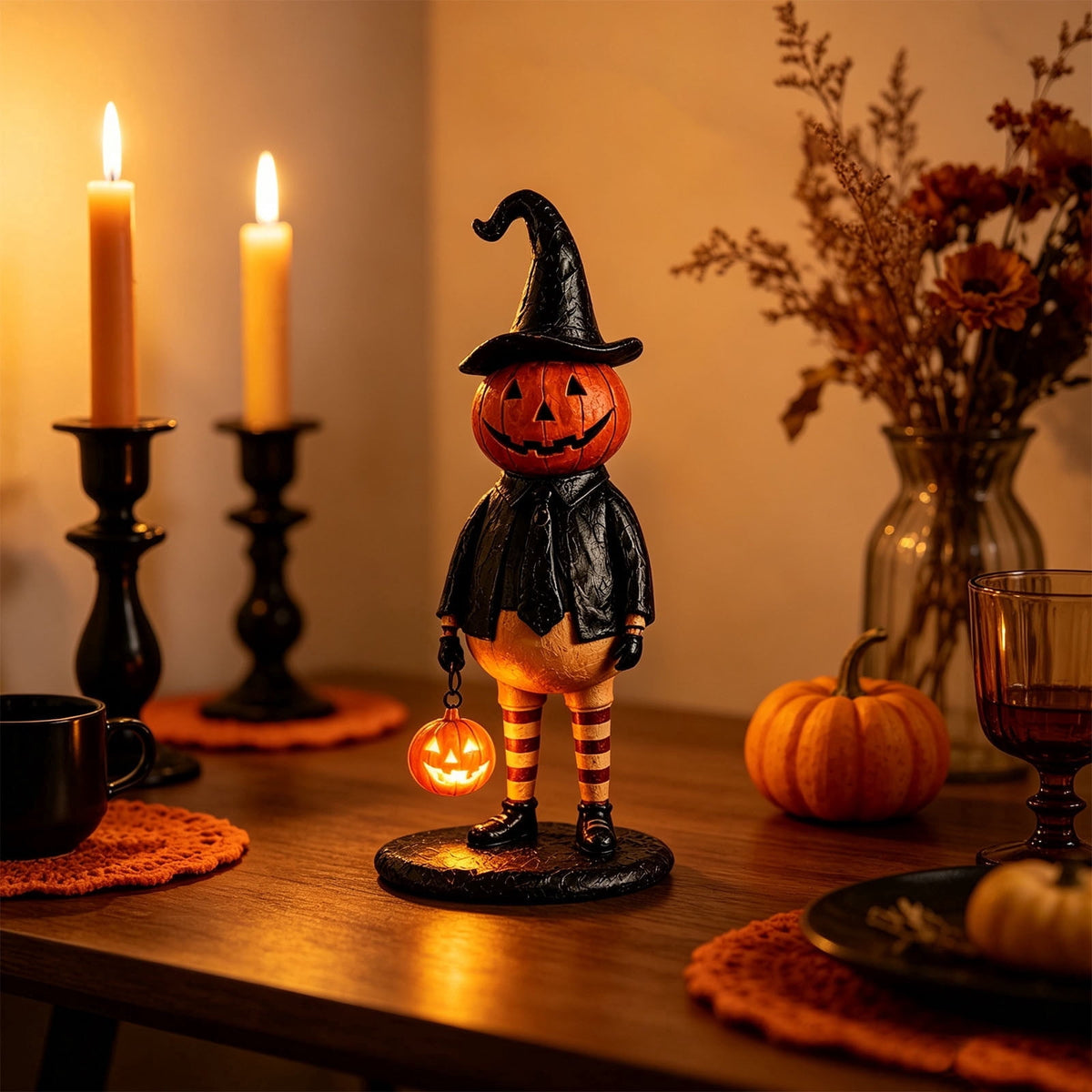 Fall Decorations for Home, 7.9in Lighted Halloween Scarecrow Dog Figurine, Resin Thanksgiving Halloween Garden Dogs Figurines for Autumn Harvest Porch Yard Garden Decor