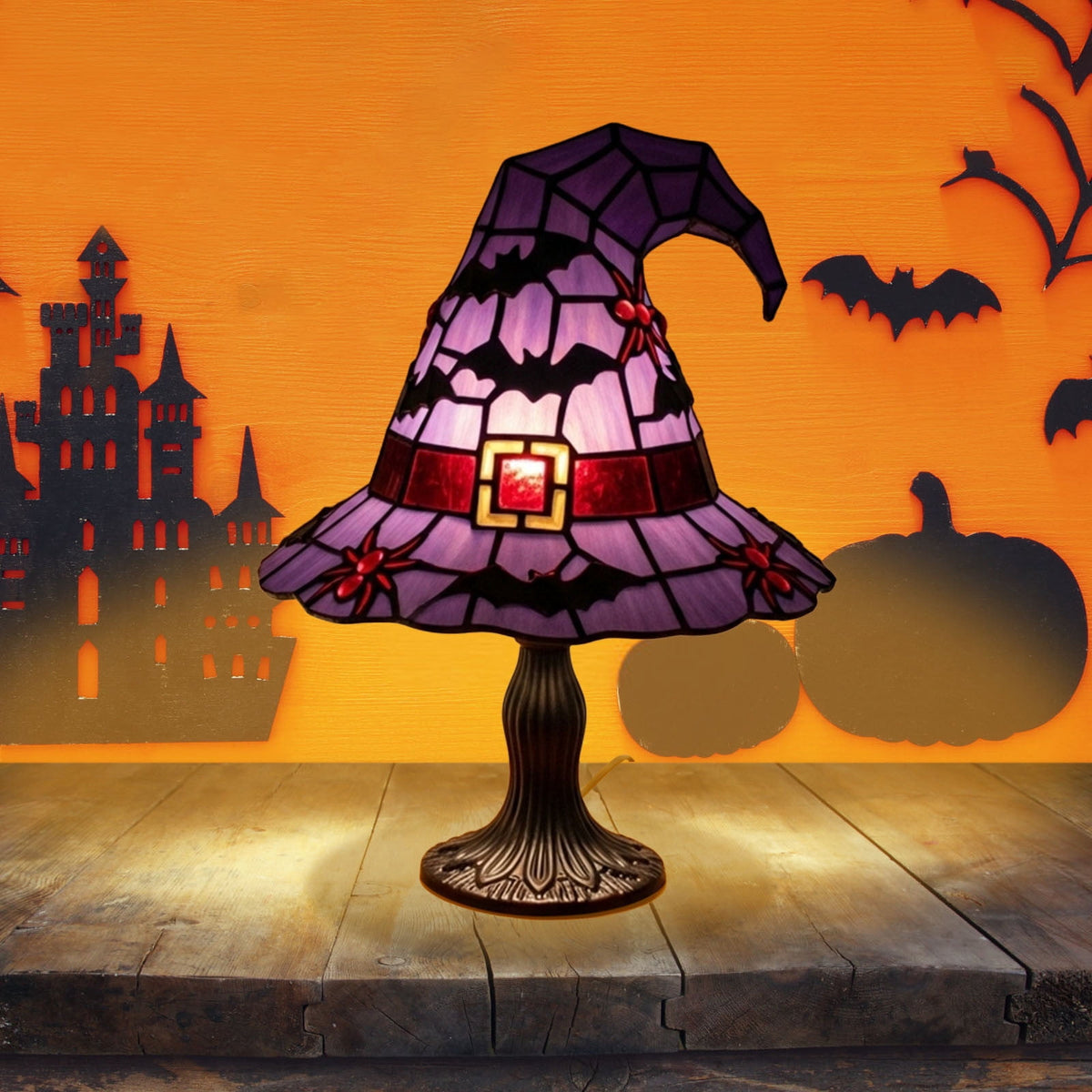 Fuebueo Halloween Witch Hat Lamp 11.81 Inch, Stained Glass Tiffany Style Table Lamp for Bedroom Nightstand, Gothic Witchy Halloween Decorations for Home Living Room