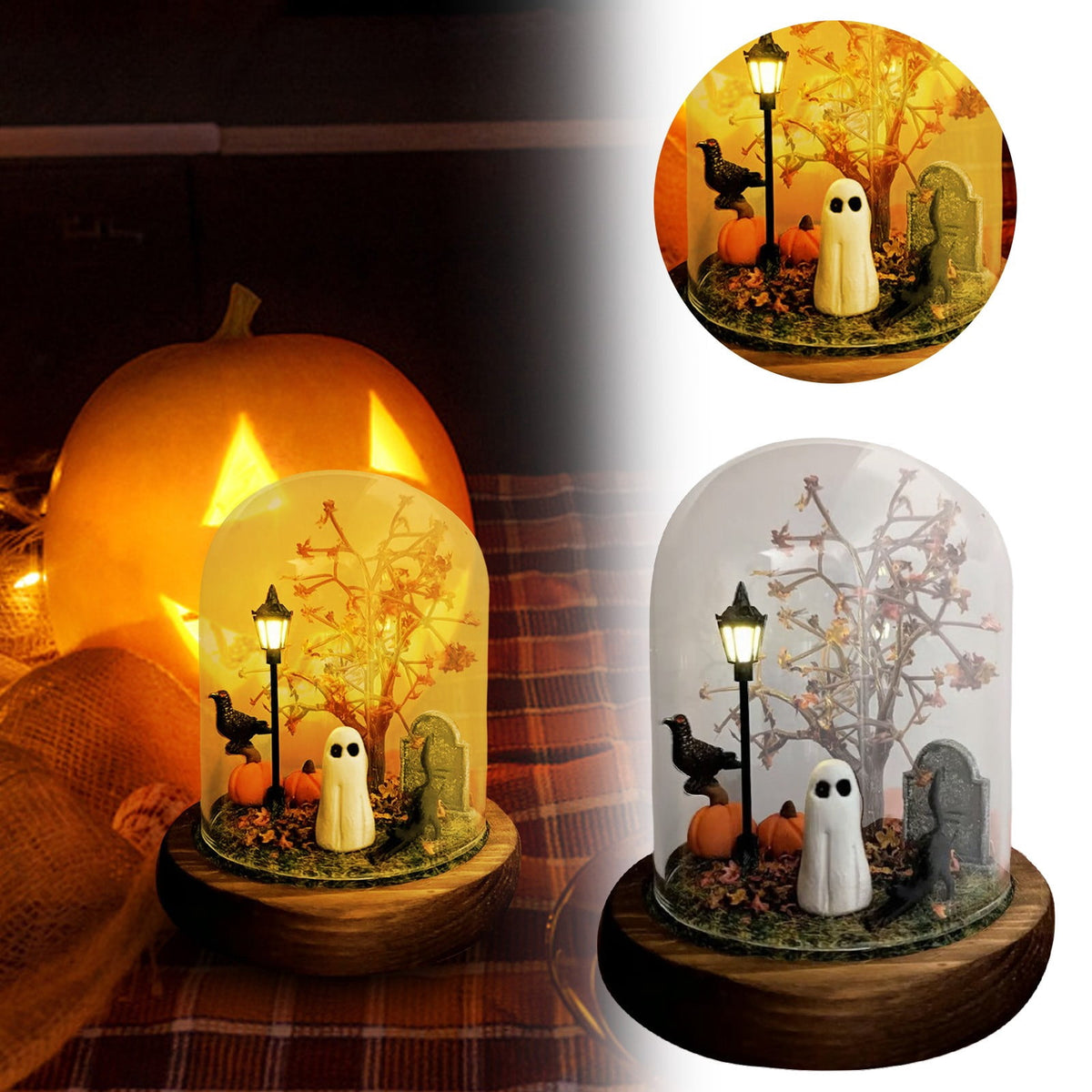 Halloween Ghost Figurine, Resin Lighted Ghost Ornament with Pumpkin Lantern & Beverage Cup, Tabletop Halloween Indoor Decor