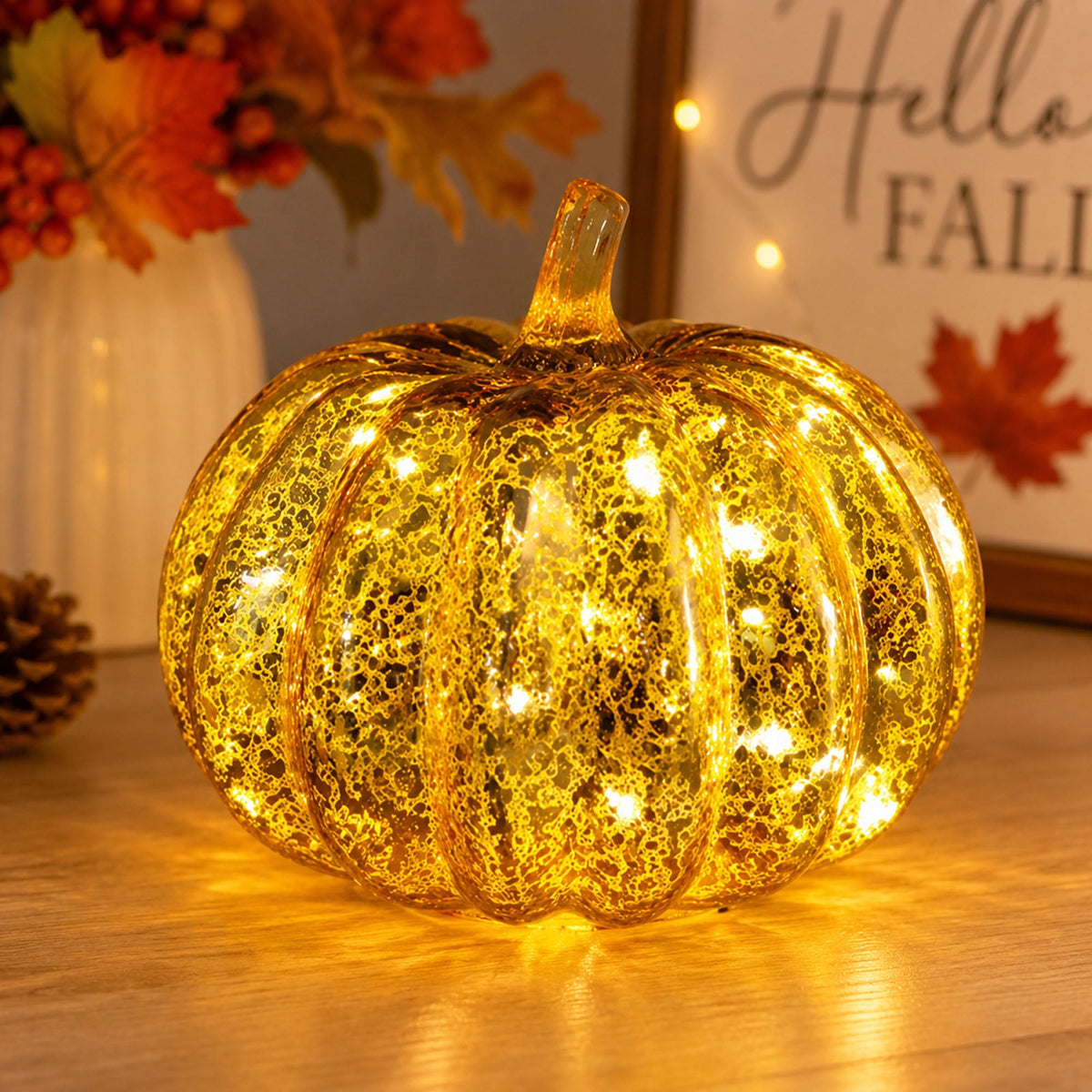 Halloween Lamp Decorations, 2026 New Pumpkin Light, Cute LED Pumpkin Figurine, Sparkling Night Glass Pumpkins Lamp for Shelf Mantel Fireplace Party Indoor Outdoor Fall Holiday Decor