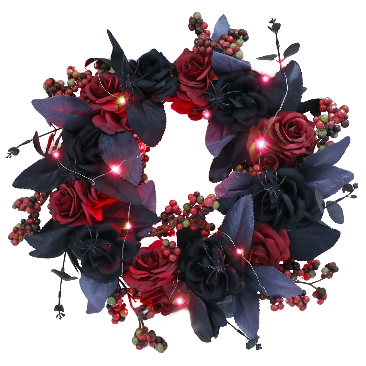 Halloween Decorative Wreath With Lights for Front Door,Black Red Rose Wreaths,15" Berries Wreaths Decor with Black Leaves Garland Ornament for Wall,Porch,Window,Indoor Outdoor Halloween Accessories
