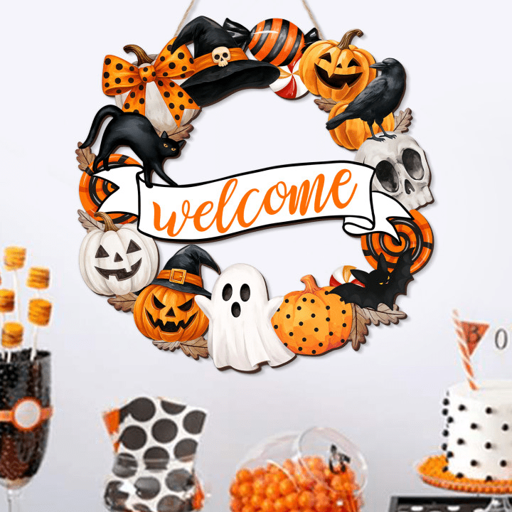YIBAGA Halloween Door Hanging Sign Wreath Decorations, Welcome Halloween Ghosts Pumpkins Wooden Hanger Home Decor Party Supplies