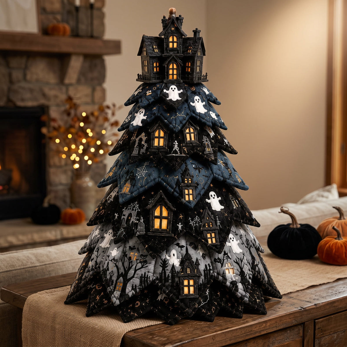 Halloween Fabric Trees - 11.8" DIY Halloween Quilted Fabric Tree Kit, Black Cat Pumpkin Witch Design, Sewing Patchwork Ghost Trees Holiday Table Mantel Decor, Handmade Gift for Craft Lovers
