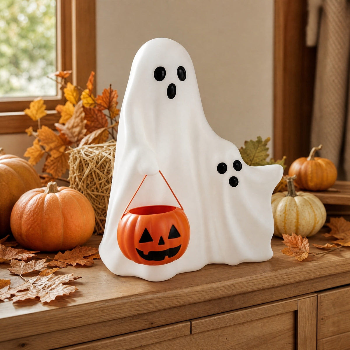 Halloween Decoration Ghost Figurine 11in Resin Ghost Statues with Pumpkin Candy Bowl for Outdoor Indoor Front Door, Porch Yard Lawn Party Decor