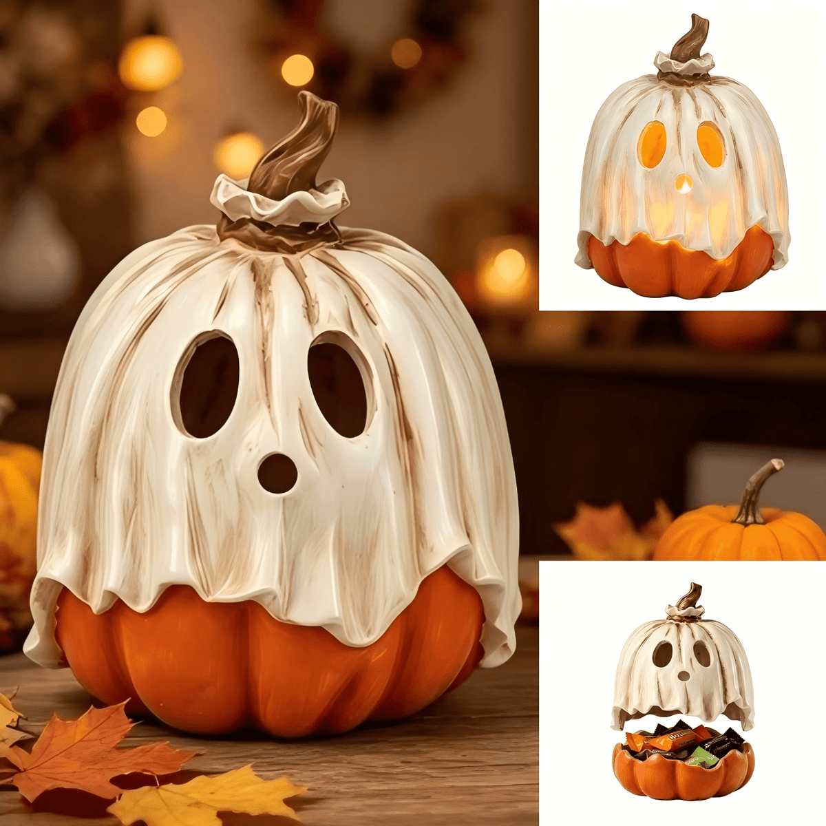 Halloween Ghost Candy Bowl Pumpkin Jack O' Lantern, 11.8 Inch Resin Ghost Figurine Pumpkin Candy Bowl, Outdoor Halloween Decorations for Front Porch, Trick or Treat Candy Bowl