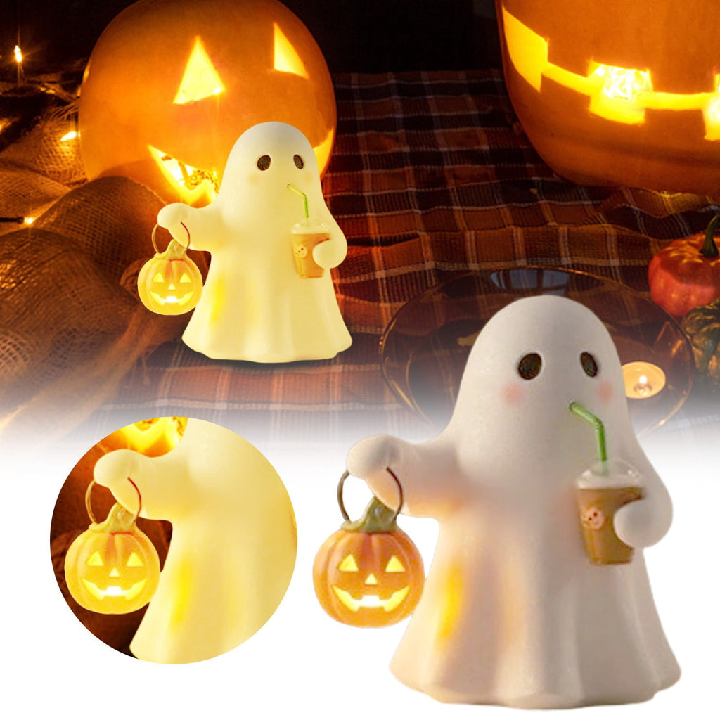 Halloween Ghost Figurine, Resin Lighted Ghost Ornament with Pumpkin Lantern & Beverage Cup, Tabletop Halloween Indoor Decor