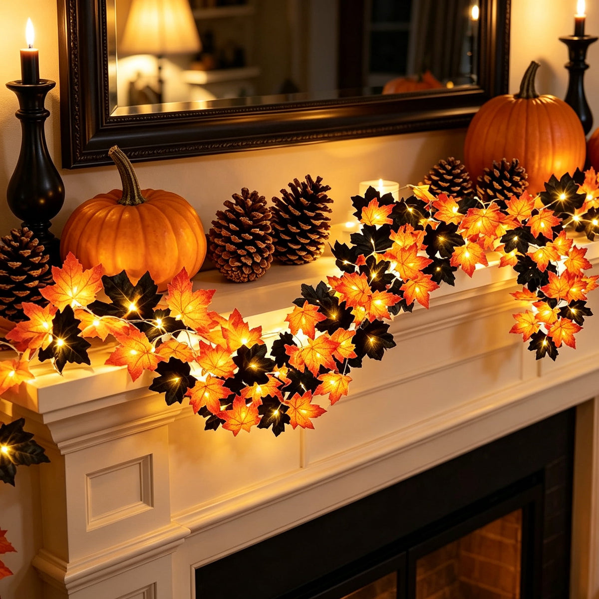 Halloween Black Garland with LED Lights 70.87 Inch Gothic Foliage for Mantel Stair Halloween Party Home Indoor Decor