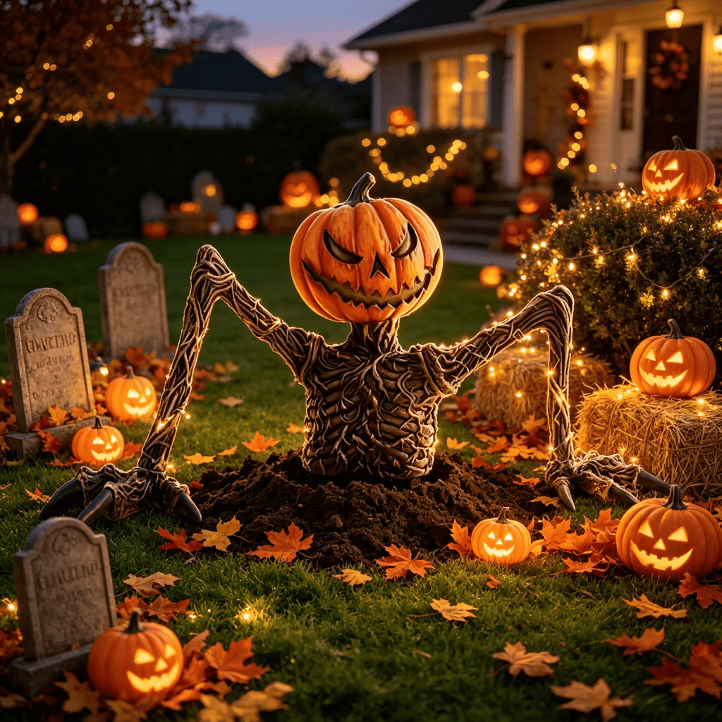 Halloween Pumpkin Decorations, Pumpkin Head Groundbreaker with Outstretched Arms, Scary Halloween Decor for Garage Door, Yard, Patio, Porch,Scary Outdoor Halloween Decorations for Yard