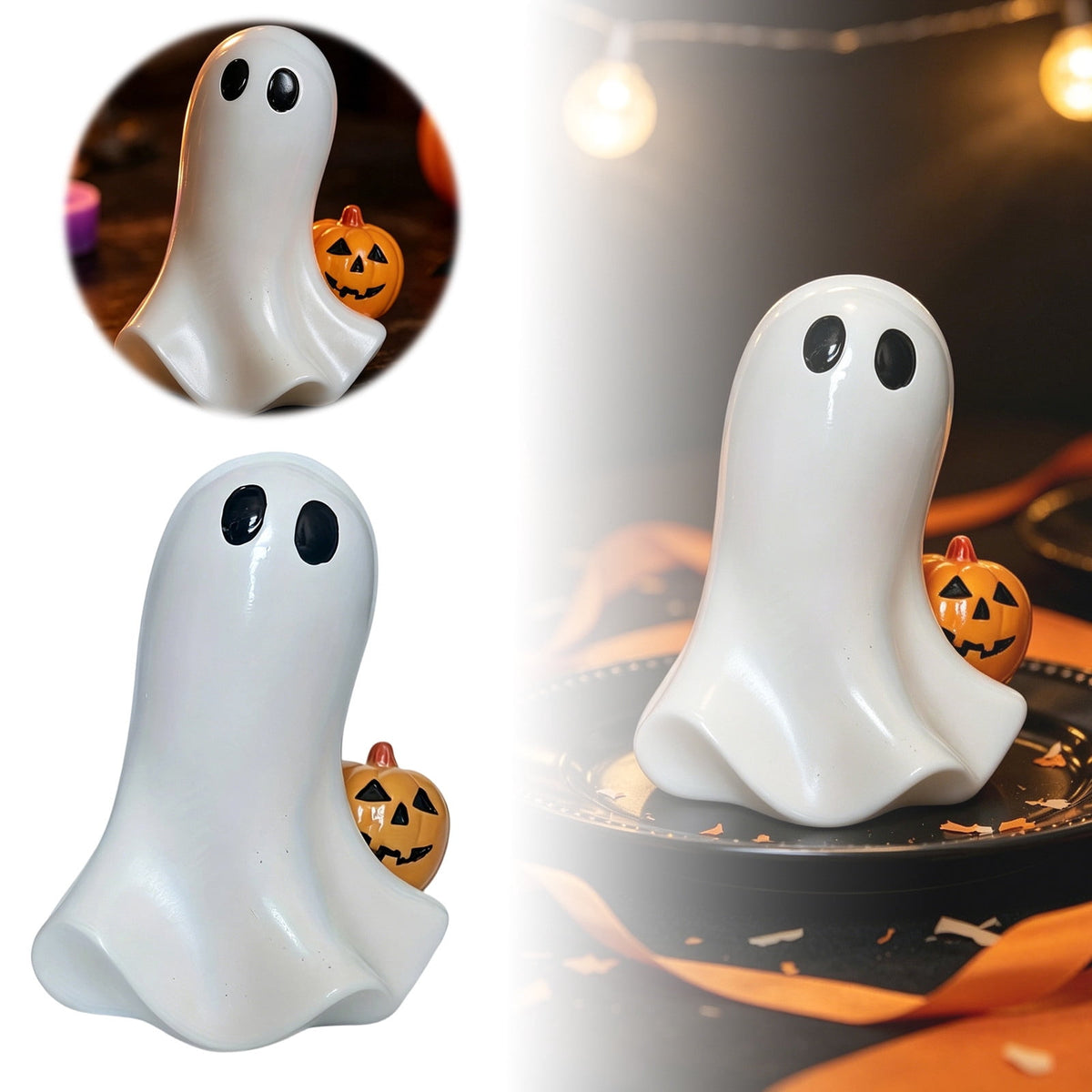 Halloween Ghost Figurine, Resin Lighted Ghost Ornament with Pumpkin Lantern & Beverage Cup, Tabletop Halloween Indoor Decor