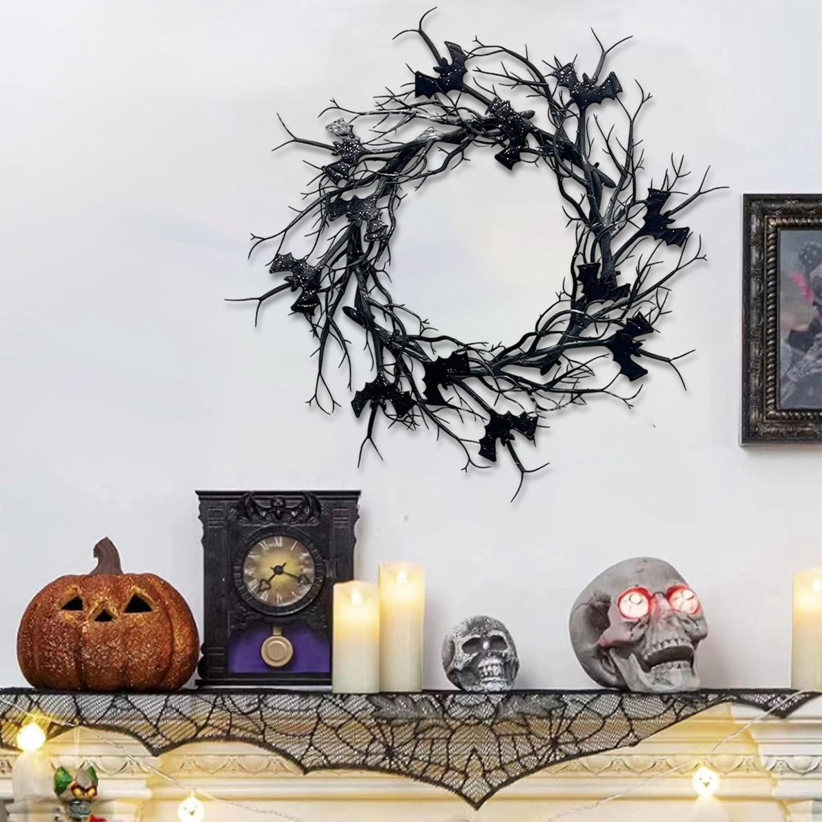 Halloween Wreath, Black Twig Wreath for Front Door, Artificial Spooky Branch Decor for Indoor Outdoor Home Party, Wall Hanging Ornament