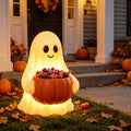 Lighted Halloween Ghost Candy Bowl, Cute LED Ghost Holding Pumpkin Candy Bucket for Trick or Treat, Outdoor Halloween Decorations for Front Porch, Indoor Yard Patio Halloween Decor